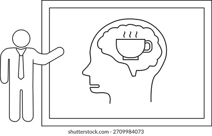 Uma figura de palitos apresentando um desenho de cabeça com uma xícara de café dentro de um cérebro em forma de nuvem sobre um fundo branco
