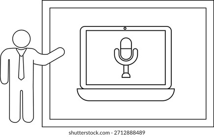 Figura de palo que presenta una computadora portátil que muestra un icono de micrófono en una presentación enmarcada