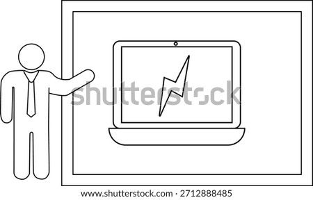Stick figure presenting a laptop with a lightning bolt on a screen framed within a border