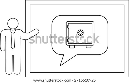 A stick figure presenting a speech bubble with a safe deposit box inside on a white background