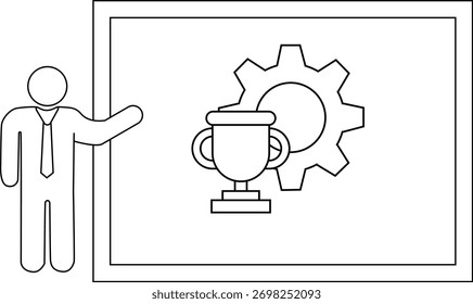 A stick figure presenting a trophy and a gear on a whiteboard