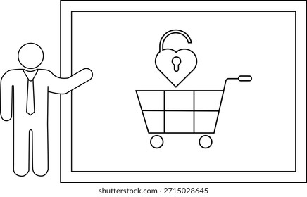 A stick figure presents a board with an open heartshaped padlock over a shopping cart