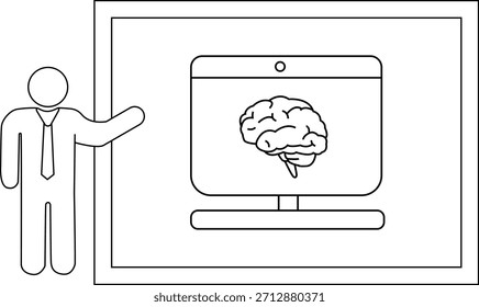 Una figura de palo presenta una Imagen cerebral en una pantalla de computadora enmarcada por un borde