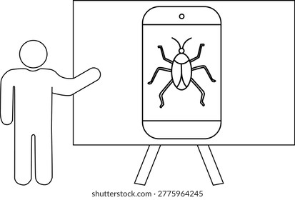 A stick figure presents a bug on a phone screen propped on an easel