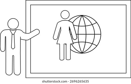 Figura de palo presenta una tabla con un icono de mujer y una ilustración de globo