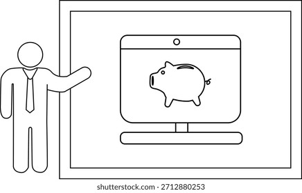 Stick figure presents computer showing piggy bank on screen