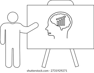 A stick figure presents an easel displaying a profile head with a brain containing an upwardtrending bar graph