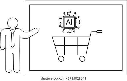 Uma figura de palito apresenta uma imagem emoldurada de um símbolo de IA acima de um carrinho de compras