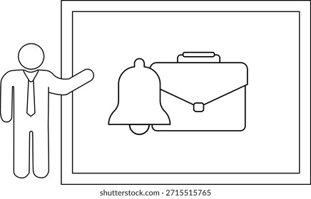 A stick figure presents a framed image of a bell and briefcase