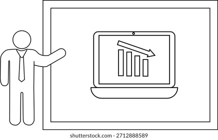 Uma figura de palito apresenta um gráfico em uma tela de notebook mostrando uma tendência de queda