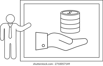A stick figure presents money A stack of coins rests on a hand within a frame