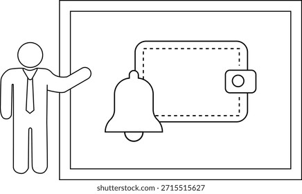 Stick figure presents a notification bell by a wallet framed in a display