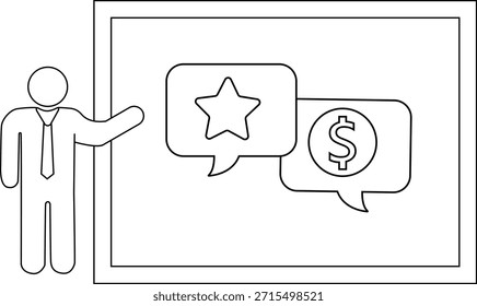 Eine Strichfigur präsentiert einen Bildschirm mit Chat Blasen ein Stern ein Dollar Zeichen