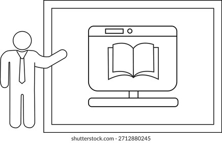 Figura de palo presenta la pantalla que muestra un libro en un monitor en una pizarra blanca enmarcada