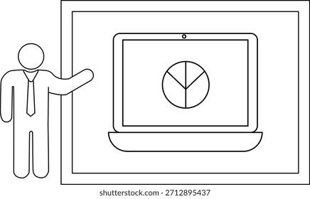 Una figura de palo presenta una pantalla con un gráfico circular dentro de una representación enmarcada