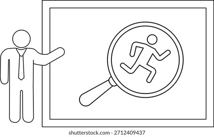 A stick figure presents a screen with a running person magnified by a magnifying glass