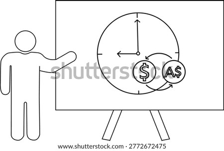 Stick figure presents whiteboard with clock showing time converting between USD and AUD