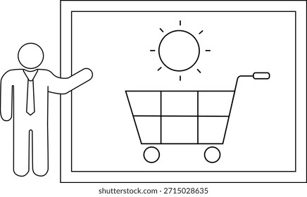A stick figure presents a whiteboard featuring a sun above a shopping cart