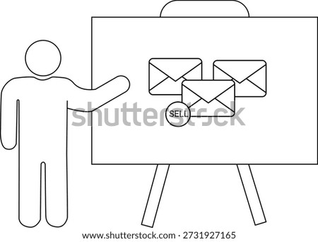 A stick figure presents a whiteboard with three envelopes one labeled SELL