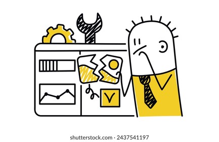 Stick figure. Problem solving concept. Man looking for way to fix technical problems. Assistant and programmer, research. Cartoon style. Vector illustration.