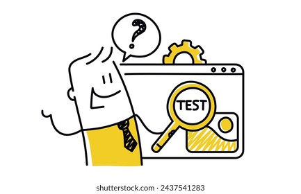 Stick figure. Programmer at work. Computer assisted design, developer testing program. Executive businessman developing internet applications. Cartoon style. Vector illustration.