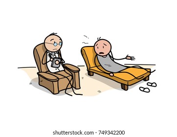 Stick Figure of a Psychiatrist and a Patient in a Therapy Session, a hand drawn vector doodle of stick figure psychology.