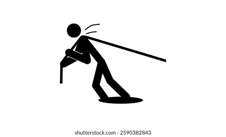 Stick Figure Pulling Rope, black isolated silhouette