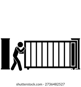 Stick figure pushing gate door to open entrance.
