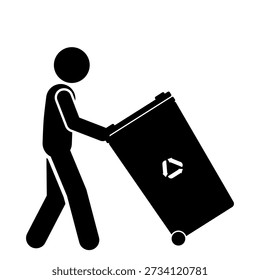 Stick figure pushing trash bin for cleaning.
