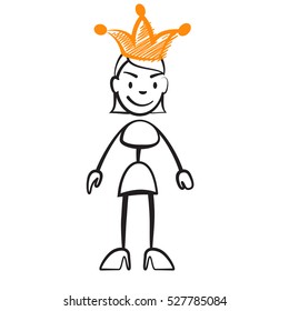 Stick figure queen with glasses, Stickman vector drawing on white background