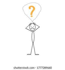 Stick Figure with a question mark icon. look for solutions. Isolated on a white background.