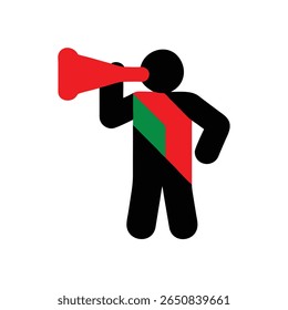 Figura de palitos com megafone vermelho faixa verde vermelho no vetor
