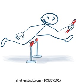 Stick figure as relay runners and jumping over a barrier