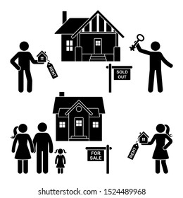 Stick figure rent, sell, buy, move black and white vector icon pictogram. Young family gets a new house silhouette