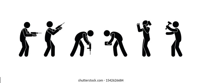 stick figure repair pictograms, people icons, isolated characters man with a drill
