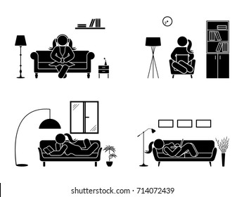 Stick figure resting at home position set. Sitting, lying, reading book, listening to music, using laptop vector icon relaxing posture on sofa and armchair. Furniture silhouette pictogram