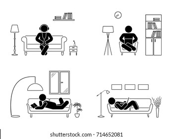 Stick figure resting at home position set. Sitting, lying, reading book, listening to music, using laptop vector icon relaxing posture on sofa and armchair. Furniture silhouette pictogram