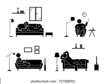 Stick figure resting at home position set. Sitting, lying, smoking cigarette, listening to music, using laptop, drinking whiskey vector icon relaxing posture on sofa and armchair. Furniture pictogram