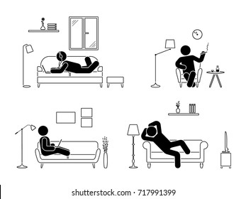 Stick figure resting at home position set. Sitting, lying, smoking cigarette, listening to music, using laptop, drinking whiskey vector icon relaxing posture on sofa and armchair. Furniture pictogram