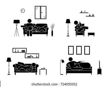 Stick figure resting at home position set. Sitting, lying, watching tv, sleeping, drinking icon relaxing posture on sofa and armchair. Furniture pictogram