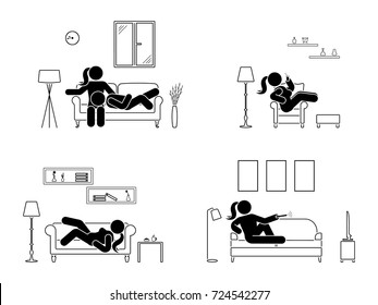 Stick figure resting at home position set. Sitting, lying, watching tv, sleeping, drinking icon relaxing posture on sofa and armchair. Furniture pictogram