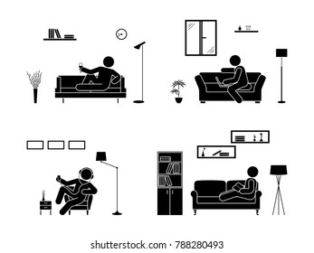 Stick figure resting at home position set. Sitting, lying, reading book, listening to music, using laptop, drinking wine vector icon relaxing posture on sofa and armchair
