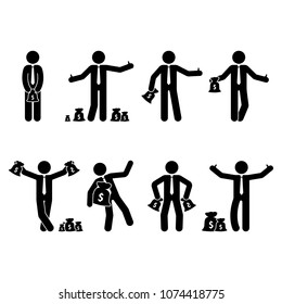 Stick Figure Rich Businessman Set. Vector Illustration Of Happy Person Holding Money Bag On White