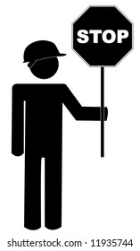 stick figure road worker with stop sign - vector
