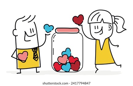 Stick figure. Romantic jar with hearts. Cartoon style. Vector illustration.