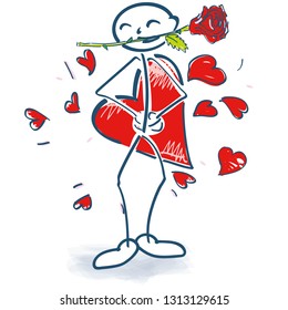 Stick figure with rose in the mouth and lots of hearts