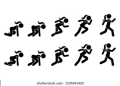 Stick Figure Runner Sprinter Sequence Icon Vector Pictogram. Low Start Speeding Woman Sign Symbol Posture Silhouette