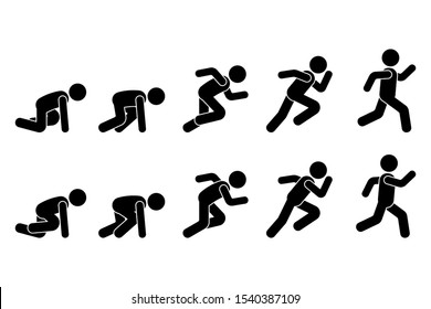 Stick Figure Runner Sprinter Sequence Icon Vector Pictogram. Low Start Speeding Man Sign Symbol Posture Silhouette