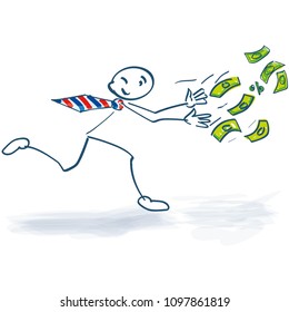 Stick figure running and chasing after the money