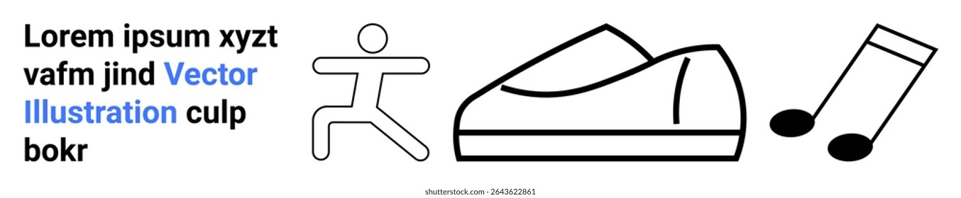 Stick figure in running pose, gym shoe, and two musical notes. Ideal for fitness blogs, workout playlists, sportswear ads, music-themed websites, active lifestyle promotions, health newsletters